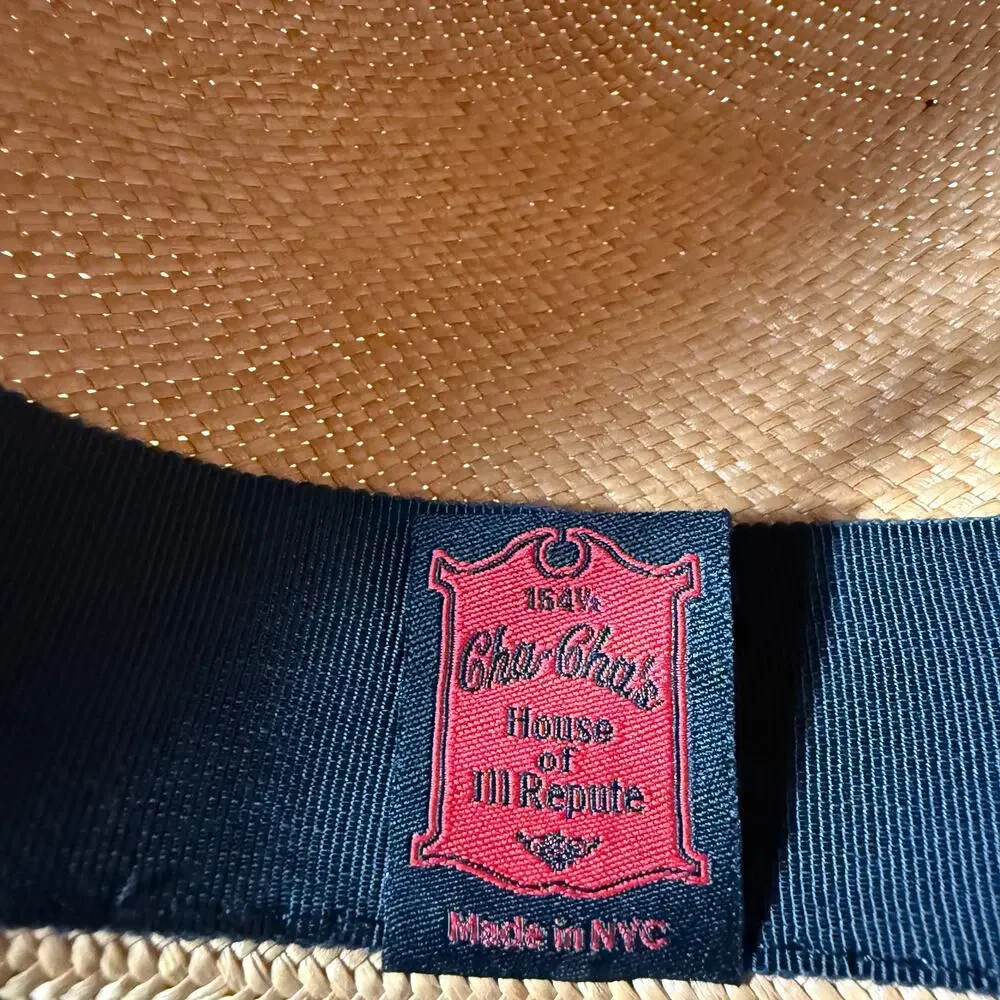 Cha Cha's House of Ill Repute Woven Fedora with Leather trim Brown Blue Ribbon - Picture 7 of 9